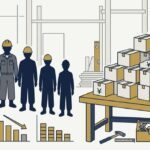 建設現場の人影が減っていく列と、増えていく仕事の量積み木を表すイメージ