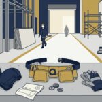 作業用の保護具（膝あて・腰のベルト・手袋）が手前に並び、奥に長く続く道が描かれているを表すイメージ
