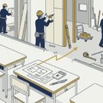 教室の机と、その向こうに現場を表すイメージ