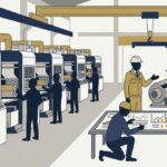 工場の機械と、現場で判断している人のシルエットを表すイメージ