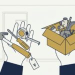 手のひらの上に工具、その隣に材料の入った箱を表すイメージ