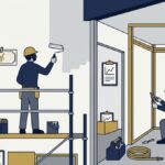 屋外の足場と塗装ローラーを表すイメージ