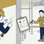 作業中の壁に想定外の傷が見つかり、その場で円マークの付いた記録用紙が差し出されているを表すイメージ