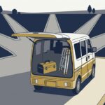 後部ドアを開けた軽バンと、そこから扇状に伸びる5本の道