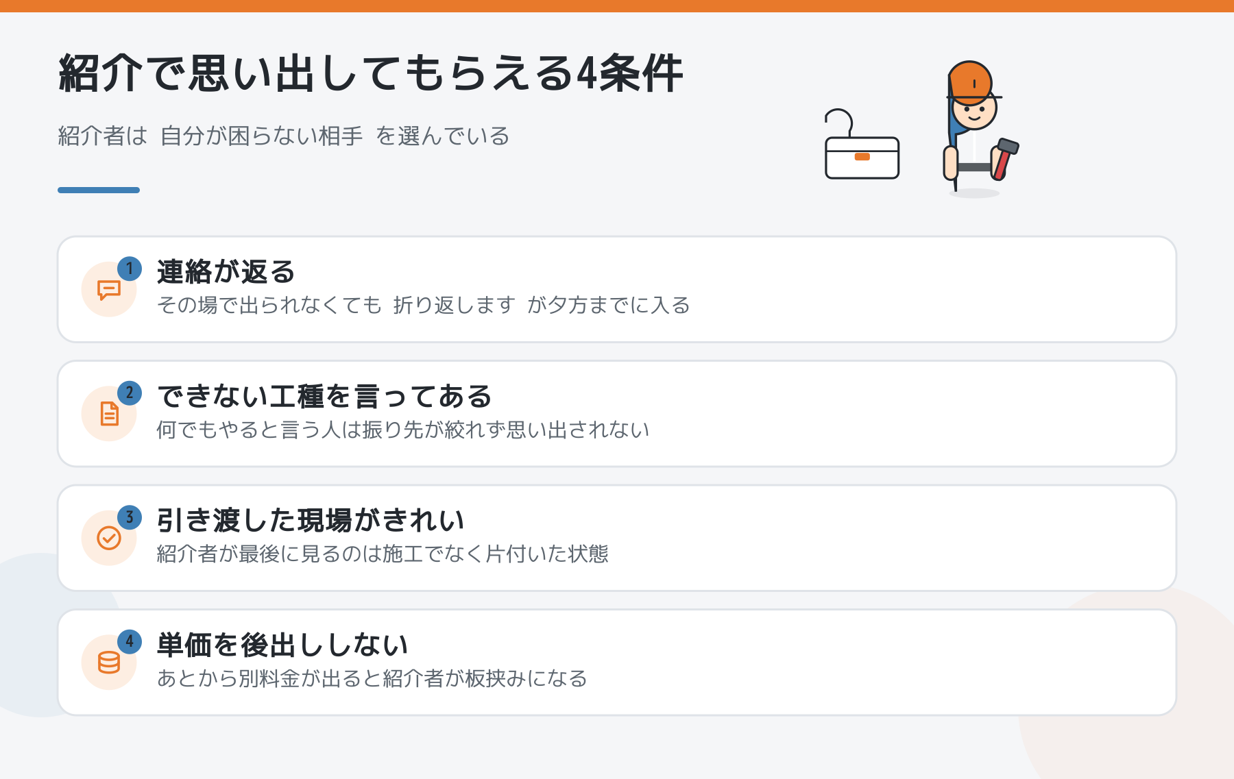紹介で思い出してもらえる4条件。連絡が返る、できない工種を言ってある、引き渡した現場がきれい、単価を後出ししない。