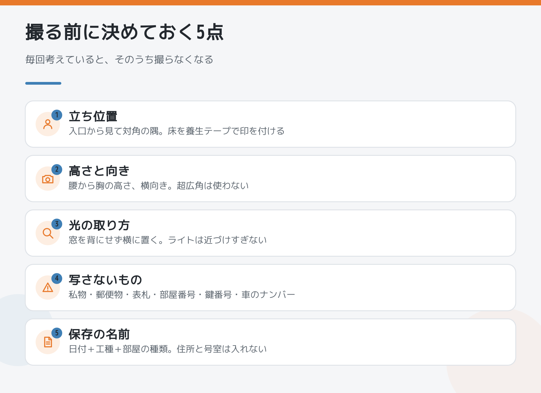 現場写真を撮る前に決めておく5点の図。立ち位置、高さと向き、光の取り方、写さないもの、保存の名前のつけ方をまとめている