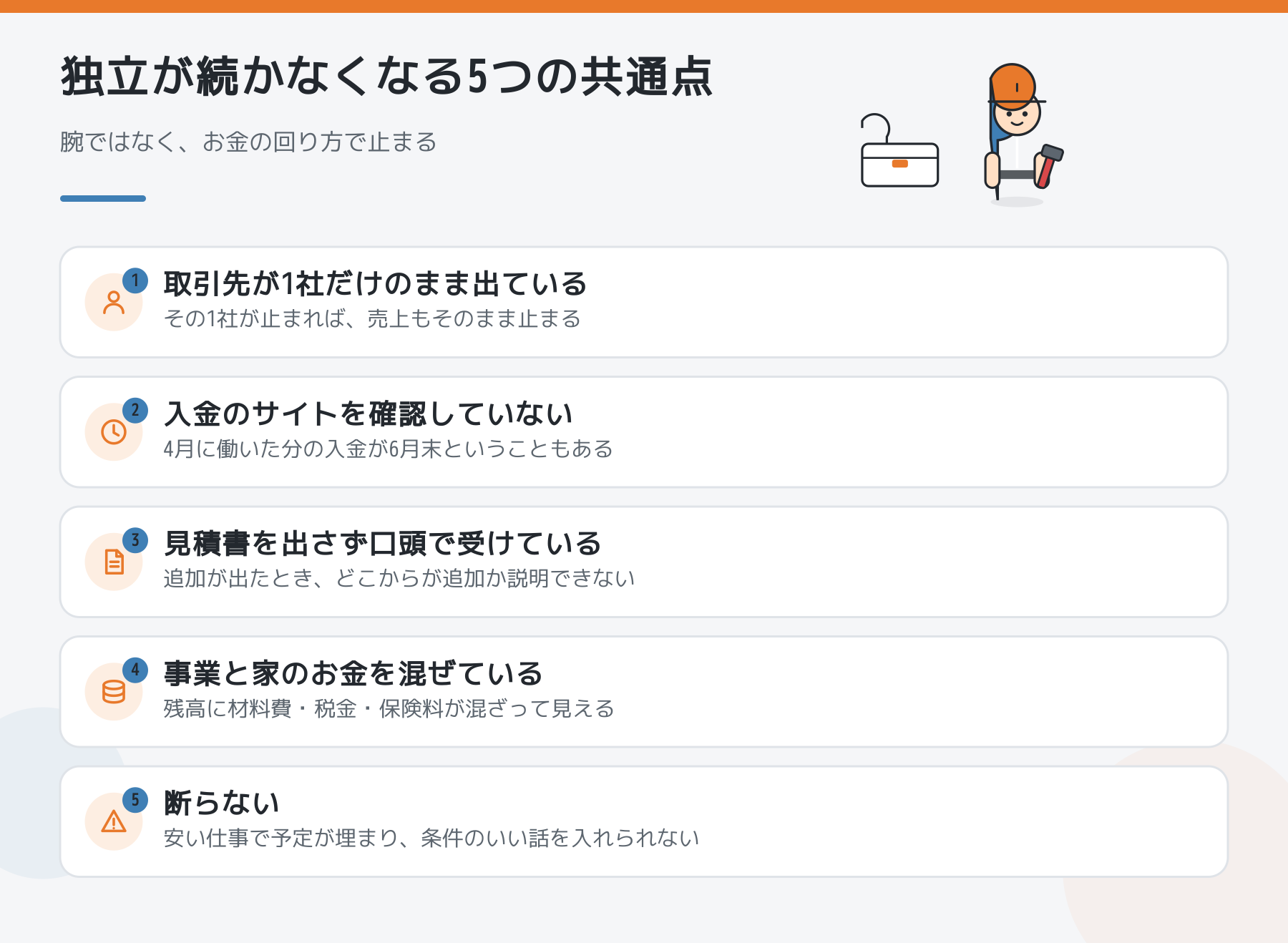 独立が続かなくなる5つの共通点。取引先1社・入金サイト未確認・口頭受注・お金の混同・断らないの5点を示した図