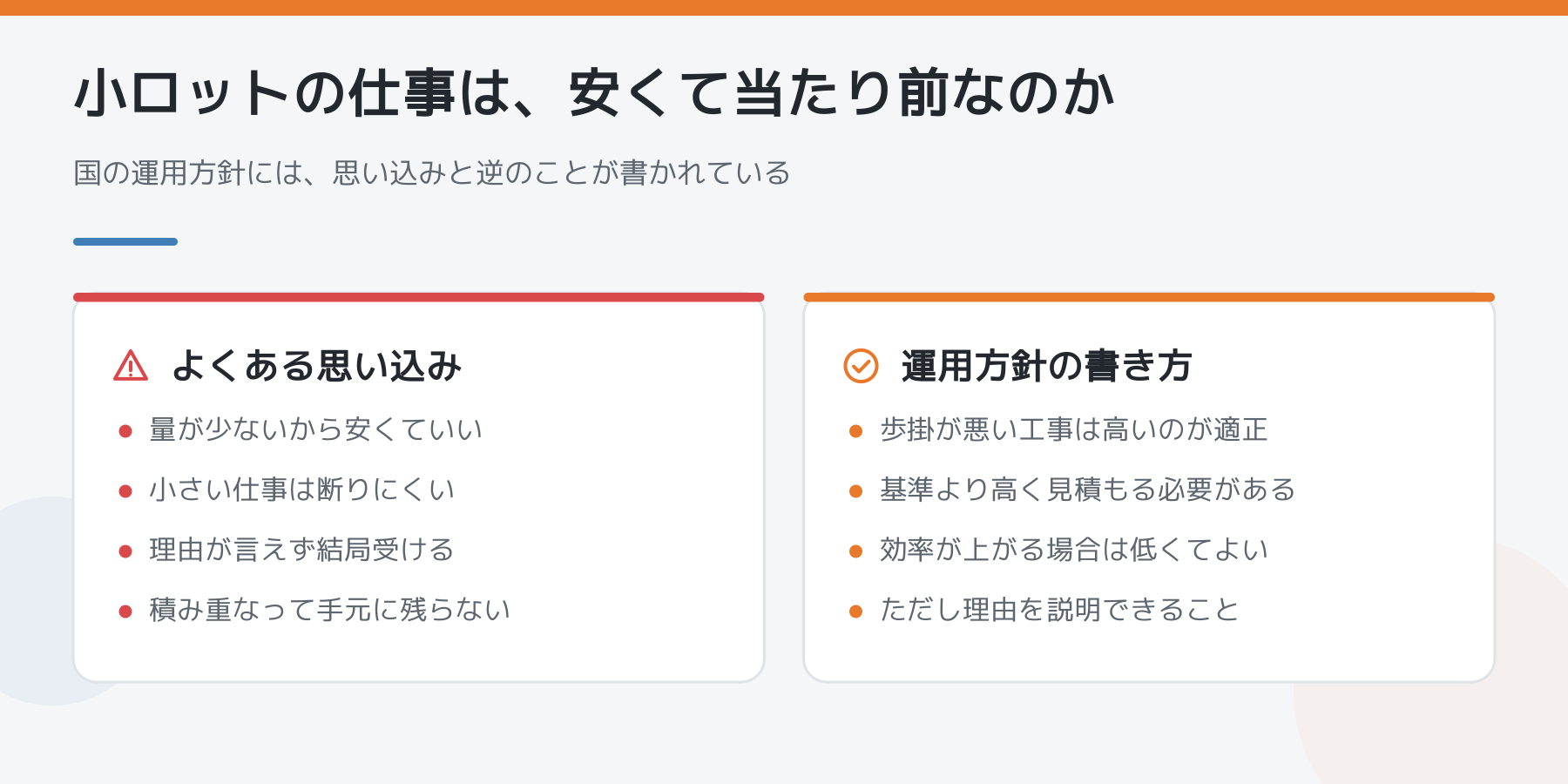 小ロットの仕事の単価について、よくある思い込みと国の運用方針の書き方を左右で比べた図
