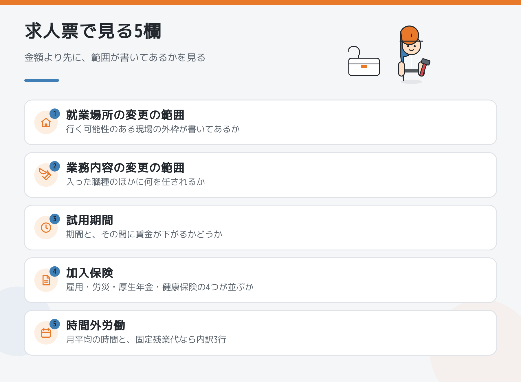 求人票で見る5つの欄。就業場所と業務内容の変更の範囲、試用期間、加入保険、時間外労働。