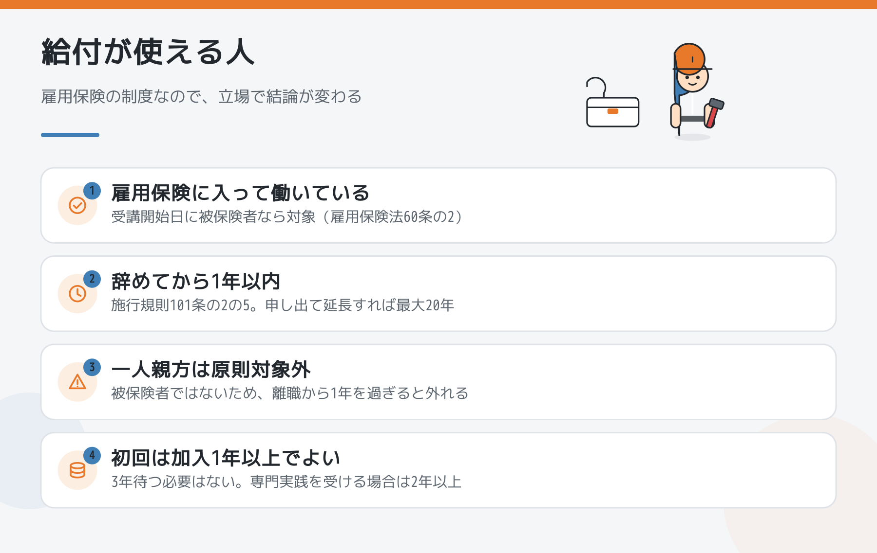 教育訓練給付が使える人の図。雇用保険に入って働いている、辞めてから1年以内、一人親方は原則対象外、初回は加入1年以上でよい。