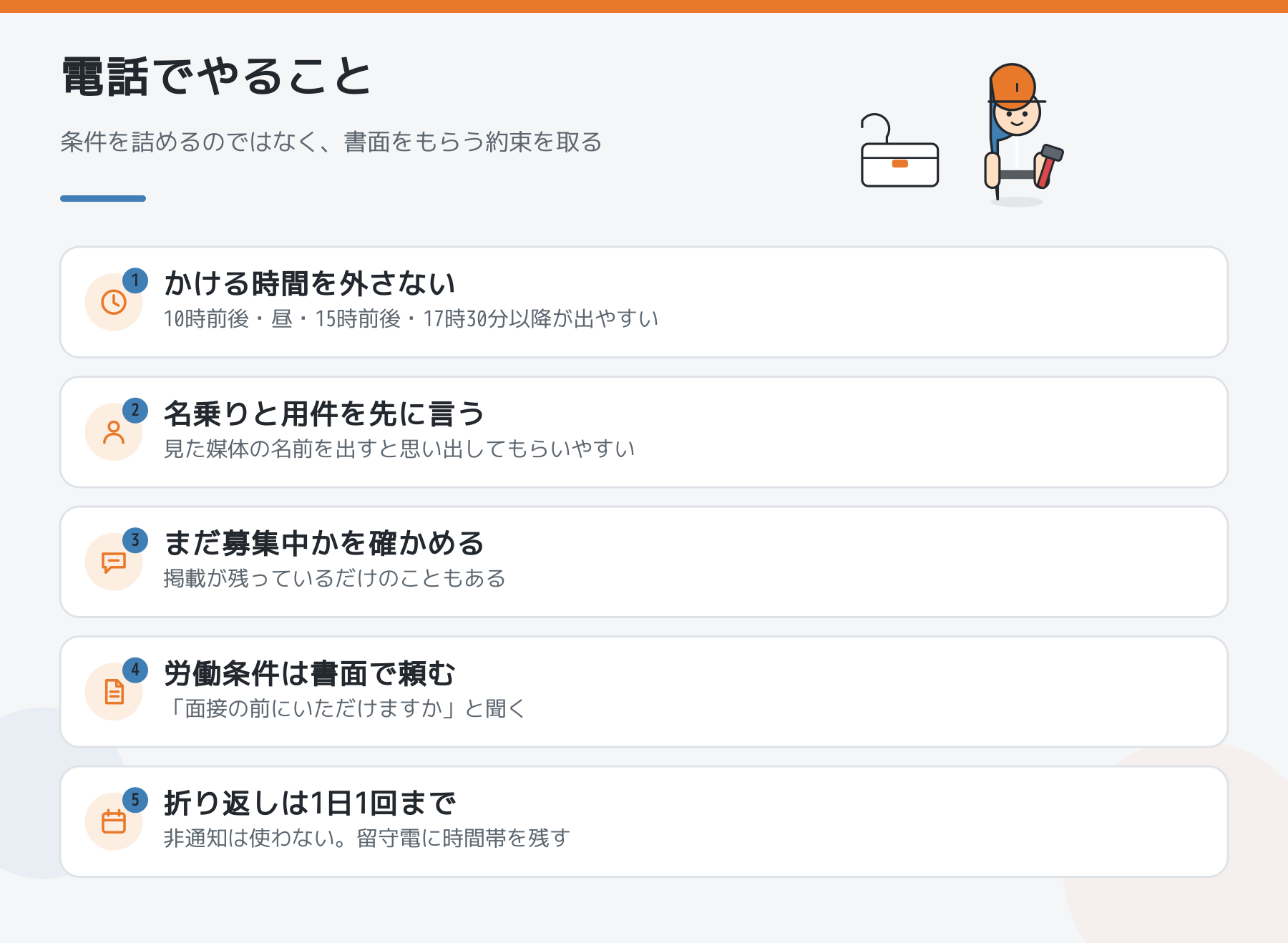 求人へ電話をかけるときにやることを、時間帯・名乗り・募集の確認・書面の依頼・折り返しの順に並べた図
