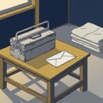 夕方の作業場。作業台の上に使い込んだ工具箱と空の封筒が1通。壁際に畳んだ養生シートとバケツ。西日が低く差している