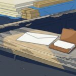 朝の光が当たる軽トラックの荷台の縁に、無地の封筒1通と、白紙の名刺が入った革の名刺入れ