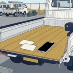 昼休みの駐車場。開いた作業車の荷台に無地の名刺2枚と画面の消えたスマートフォン