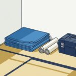クロスを張り終えた夕方の空室。たたんだ養生シートと端材、閉じた工具箱に西日が差している