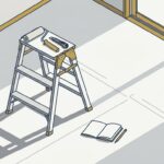 施工途中の空室。脚立の天板にクロス用のローラーとカッターが置かれ、床には開いたメモ帳と鉛筆。窓から午前の光が差している