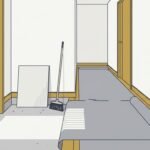 朝の空室の玄関と廊下。半分だけ敷かれた養生シートと巻いたままのロール、立てかけたプラスチック段ボールの板とほうき