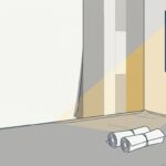 クロスを半分めくった空室の壁と、床にまとめためくったクロスの束2つとバケツ