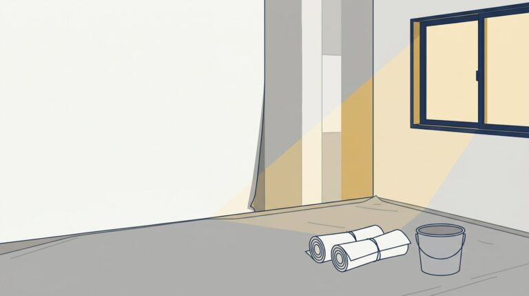 クロスを半分めくった空室の壁と、床にまとめためくったクロスの束2つとバケツ