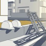 早朝の現場前の縁石に並べて置かれた白いヘルメット2つと脚立