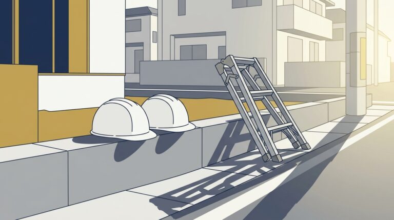 早朝の現場前の縁石に並べて置かれた白いヘルメット2つと脚立