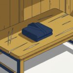 誰もいない日曜の朝の作業場。木の作業台にたたんだ作業着が一枚だけ置かれ、窓から斜めの光が差している