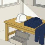 朝の作業場の作業台に置かれた白いヘルメットとたたんだ作業着、下には空の工具箱
