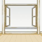 昼過ぎの空室。明るい木の窓枠の窓が大きく開いていて、外は明るい薄いグレーの空。床は明るい木の板張り