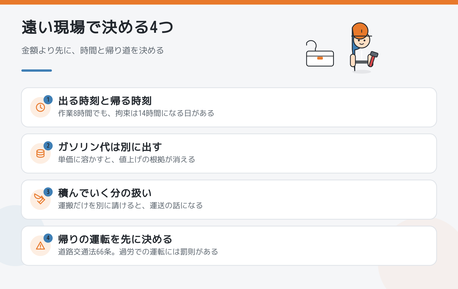 遠い現場を受ける前に決める4つ。出発と帰宅の時刻、ガソリン代の出し方、積んでいく分の扱い、帰りの運転