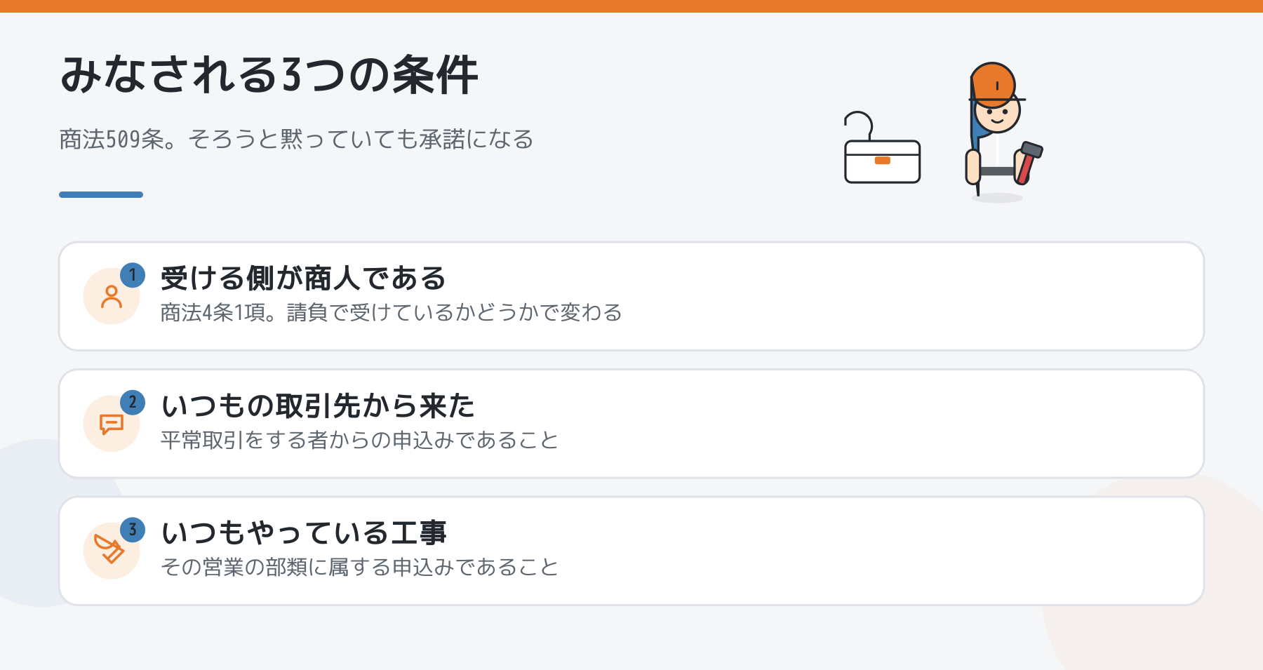 商法509条で黙っていても承諾とみなされる3つの条件。商人であること、平常取引の相手、営業の部類に属すること