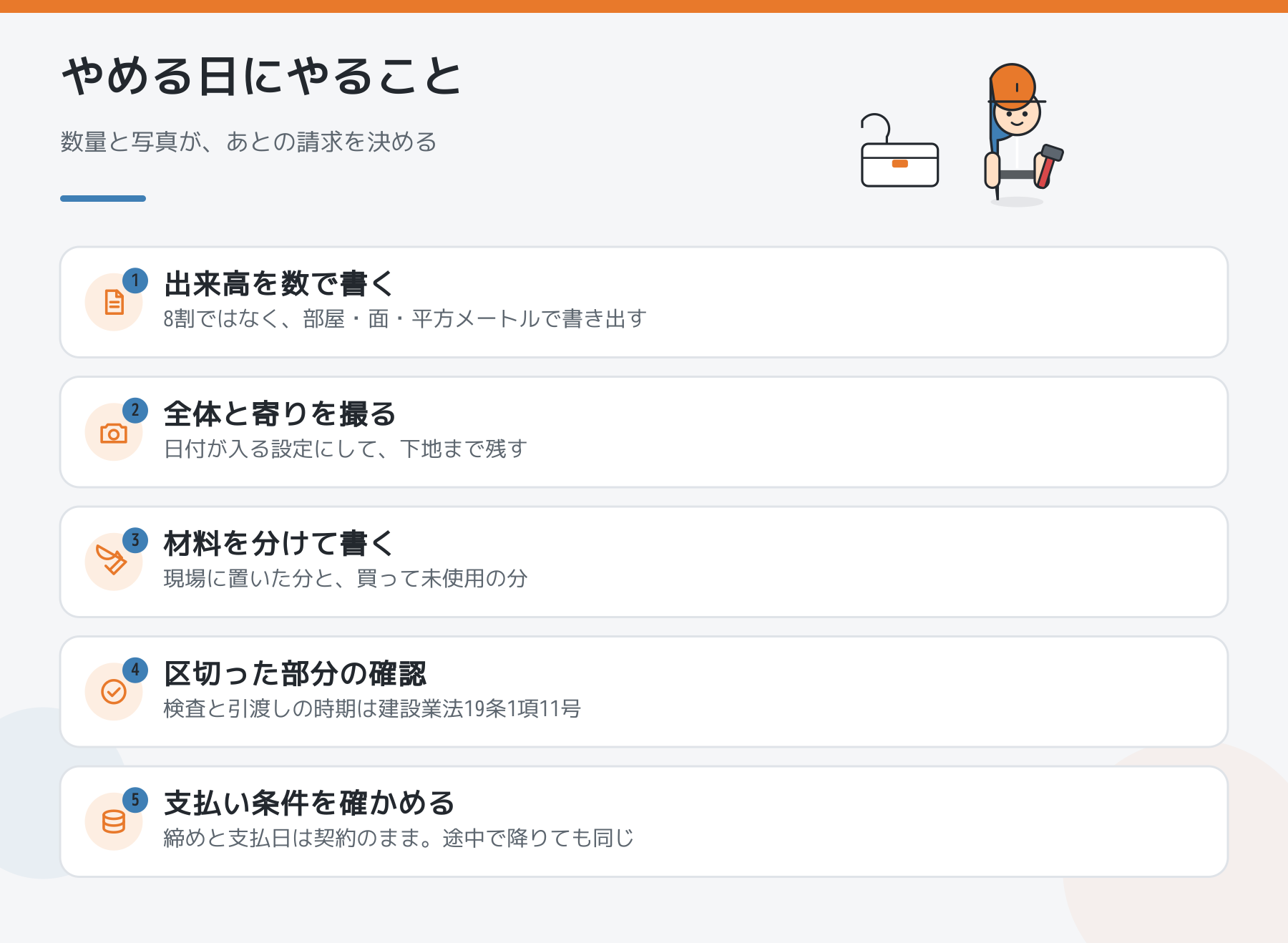 図解:元請けを変えて現場をやめる日にやること5つ。出来高を数で書く、全体と寄りを撮る、材料を分けて書く、区切った部分の確認、支払い条件を確かめる