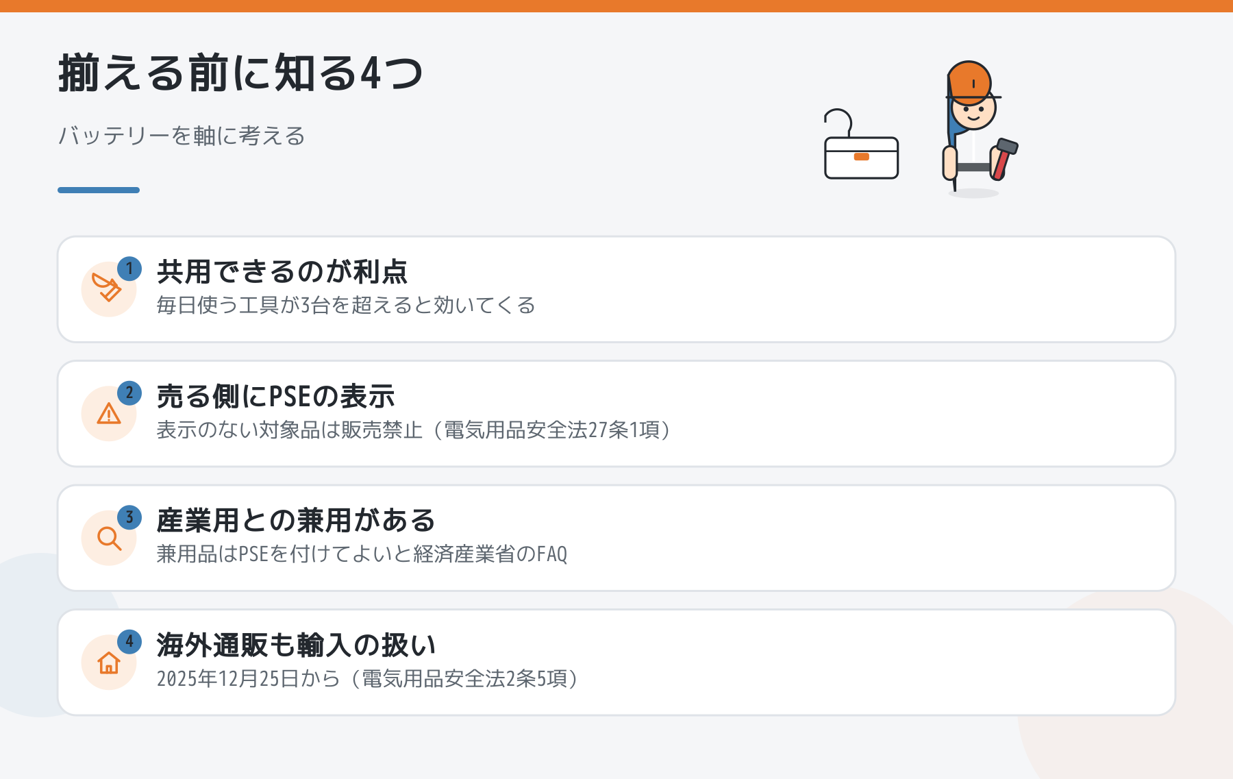 電動工具のメーカーを揃える前に知る4つ(共用、PSE表示、産業用との兼用、海外通販も輸入扱い)