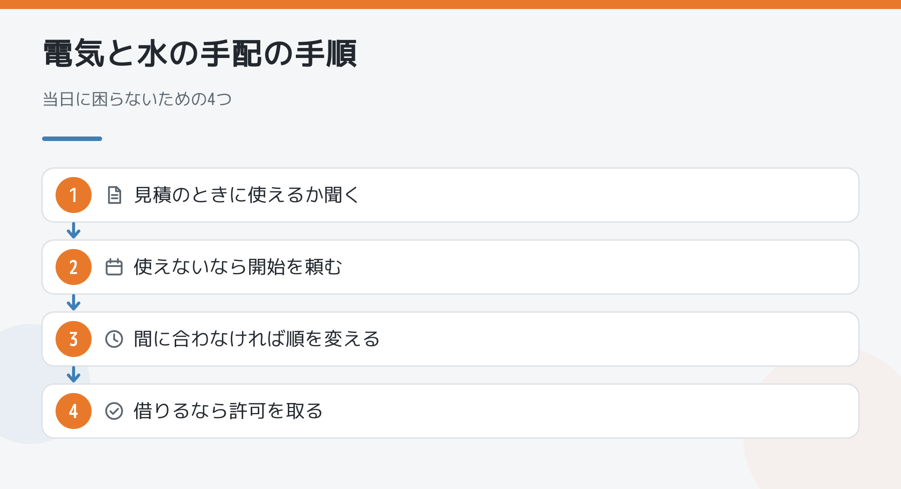 空室の電気と水の手配の手順(見積のときに聞く、使えないなら開始を頼む、間に合わなければ順を変える、借りるなら許可を取る)