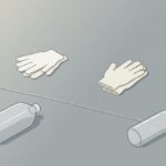 養生シートを敷いた空室の床に、たたんだ布の作業手袋が2組と、ラベルのない透明な水筒が2本置かれている。二人で入る現場の朝。