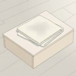 木の床に置かれた低い木の箱。天面に、たたんだクリーム色の厚手の布が2枚、角をずらして重ねてある。