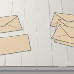 机の上に無地の封筒が5通。左の2通は間隔をあけて並べ、右の3通は角をそろえずに重ねて置いてある