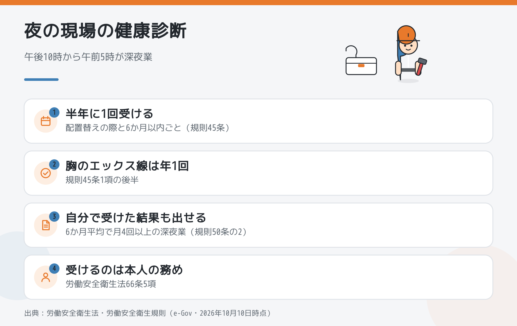 夜の現場の健康診断の回数・エックス線・自発的健診・受診の務めを並べた図解