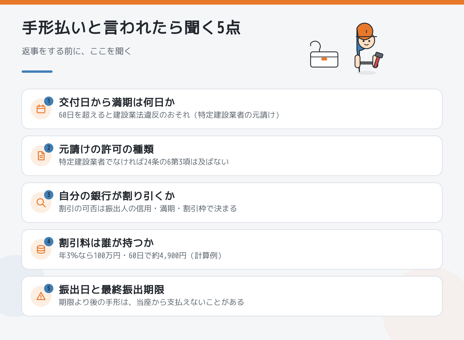 手形払いと言われたとき確かめる5点:手形期間、元請けの許可、割引、割引料、最終振出期限