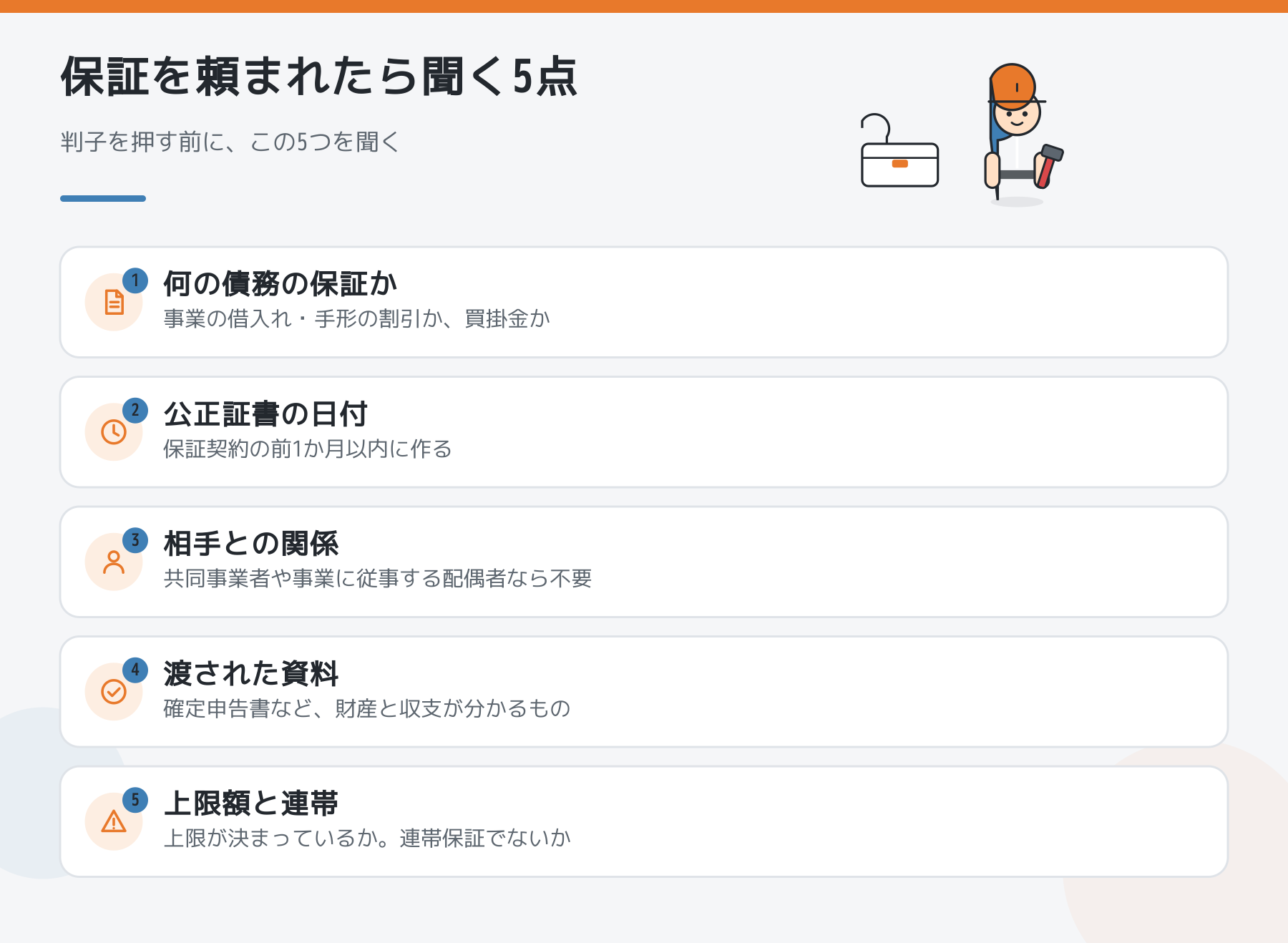 保証人を頼まれたとき確かめる5点：保証する債務、公正証書の日付、相手との関係、渡された資料、上限額と連帯
