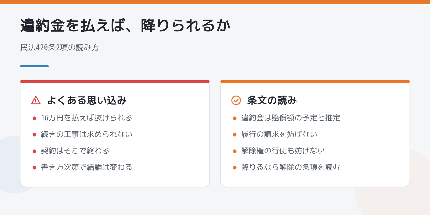 違約金を払えば降りられるという思い込みと、民法420条2項の読みの比較